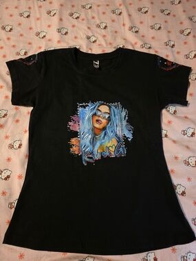 Black Graphic Short Sleeve Tee with Blue Portrait Print